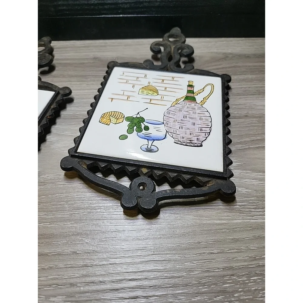 Set Of Two Vintage Trivets - Wine And Cheese Tiles